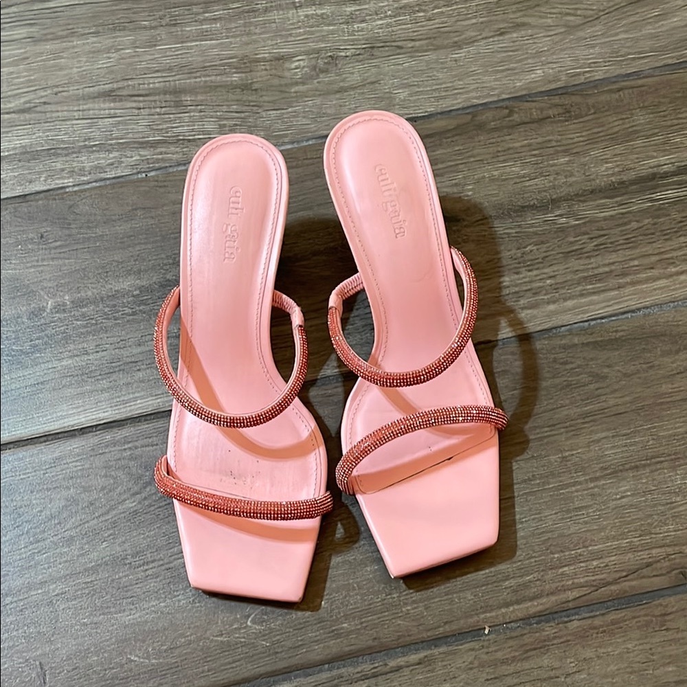 Cult Gaia Pink Rhinestone Double-Strap Heeled Sandals